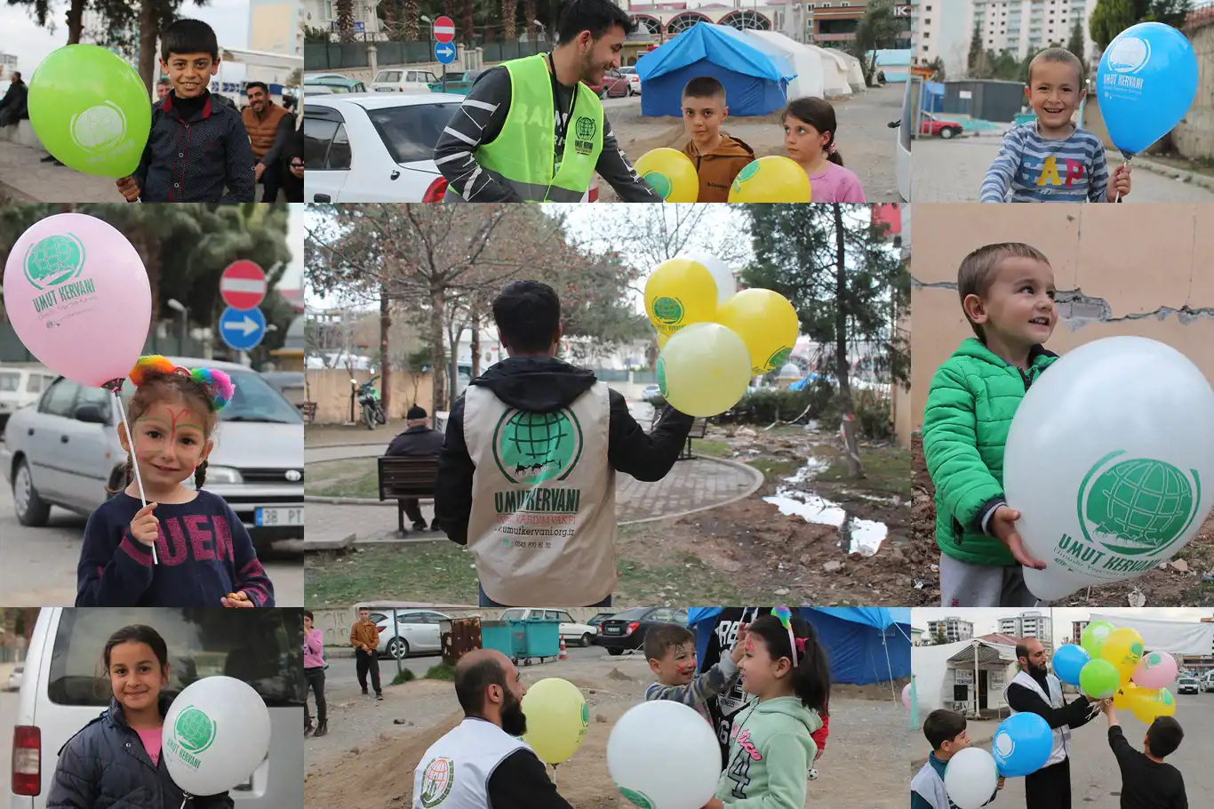 Zarok erdhejzede yên ku bi balonekê kêfxweş dibin