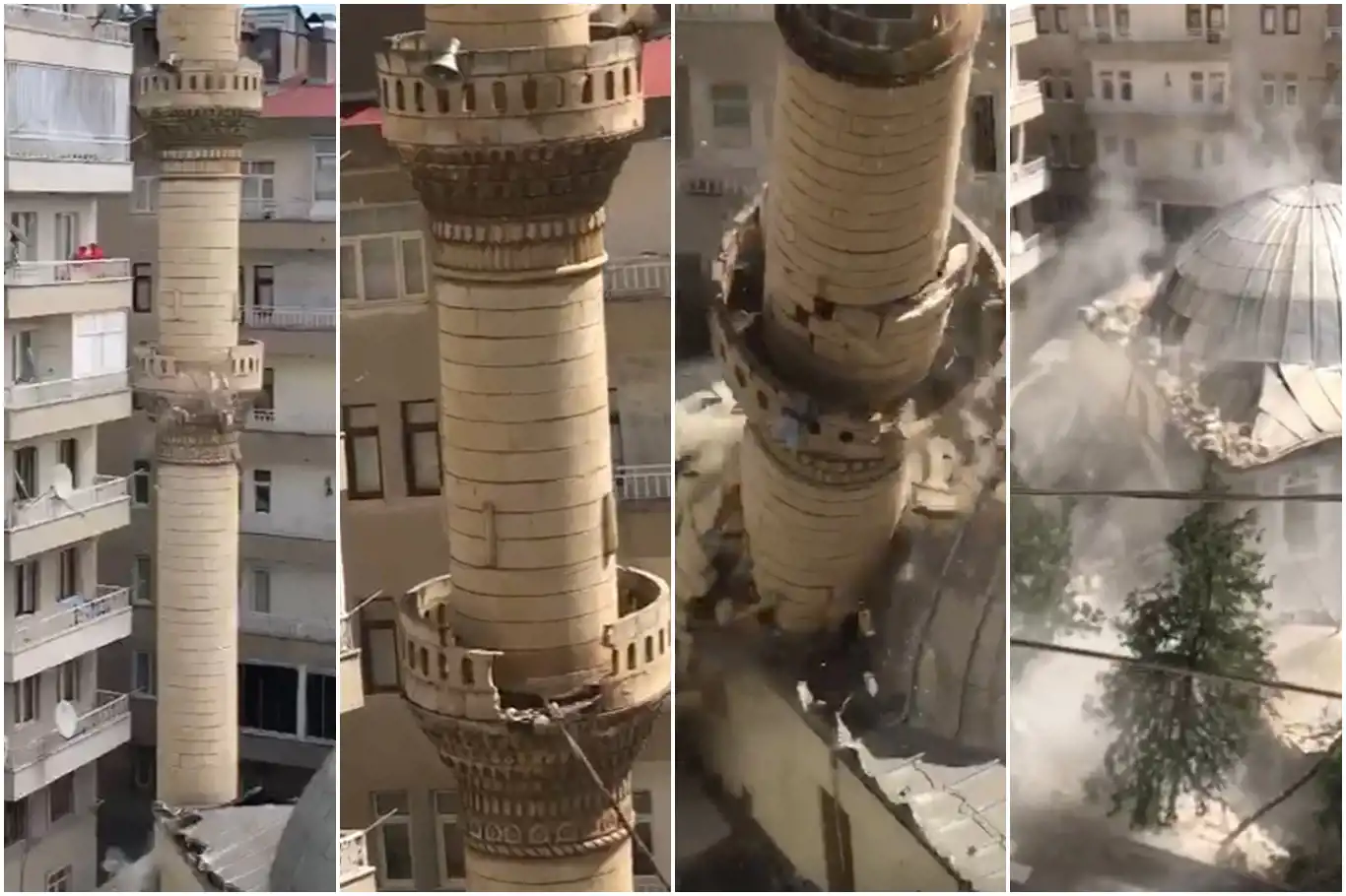 Depremde ağır hasar alan caminin minaresi kontrollü bir şekilde yıkıldı Depremde ağır hasar alan caminin minaresi kontrollü bir şekilde yıkıldı
