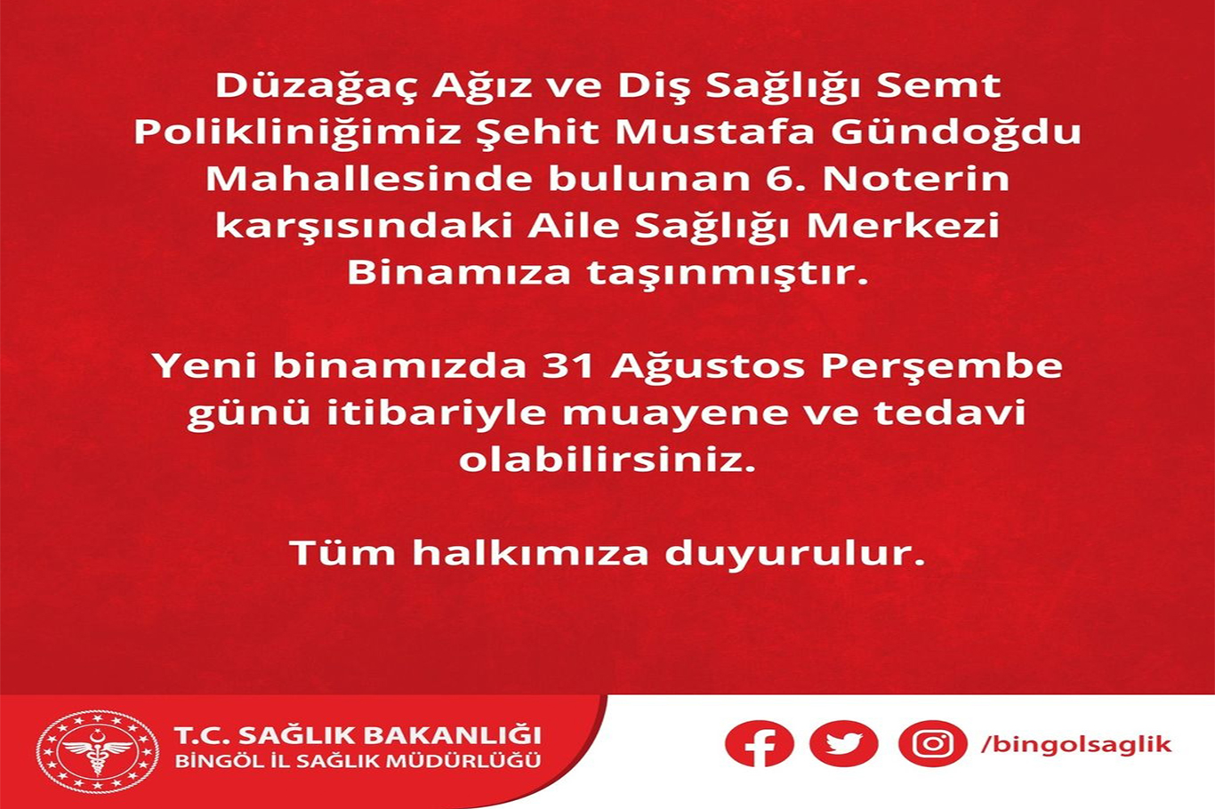 Bingöl’de Düzağaç Ağız ve Diş Sağlığı Semt Polikliniği taşındı Bingöl’de Düzağaç Ağız ve Diş Sağlığı Semt Polikliniği taşındı