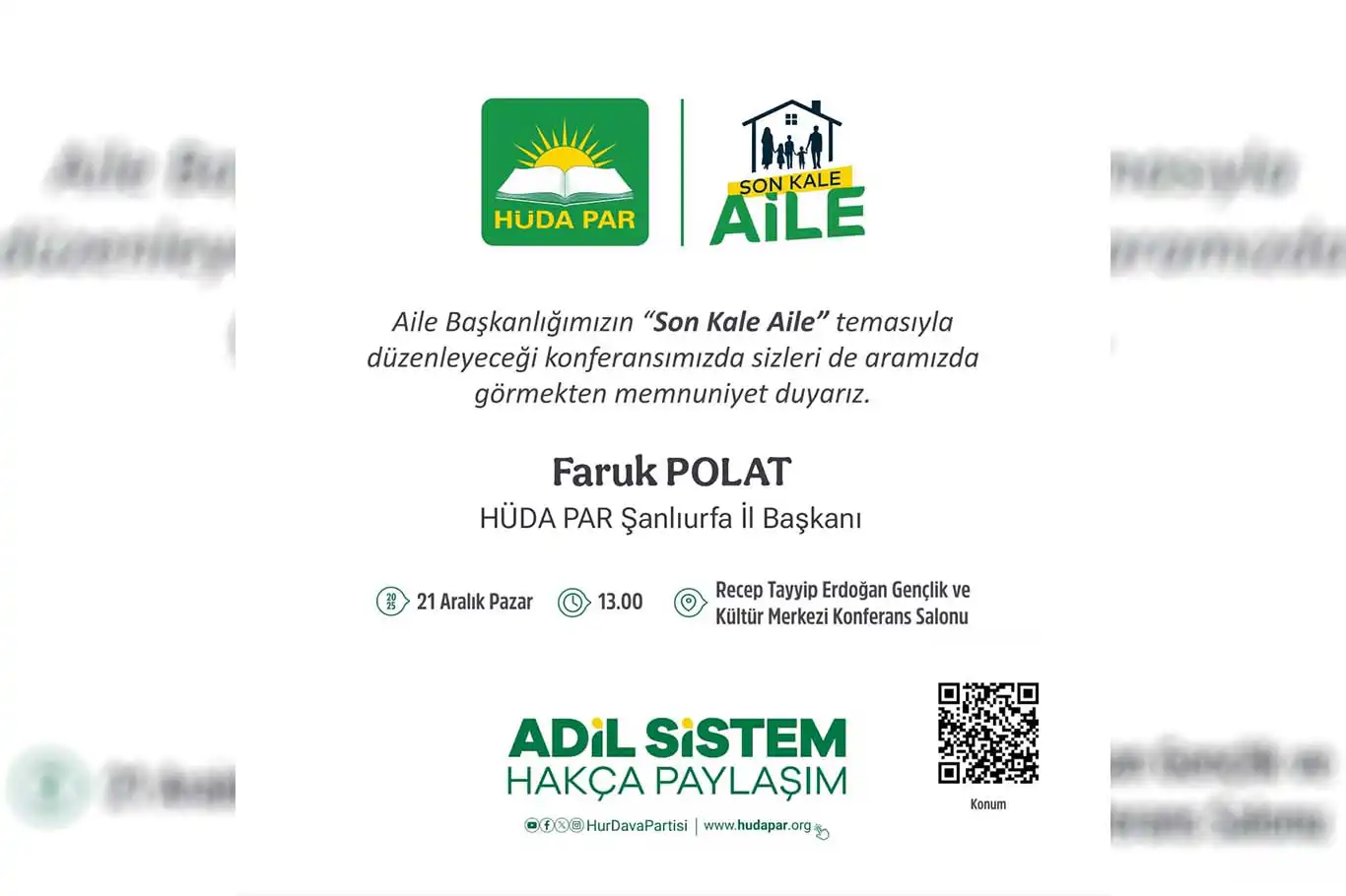 HÜDA PAR Şanlıurfa’dan “Son kale aile” programına basın daveti