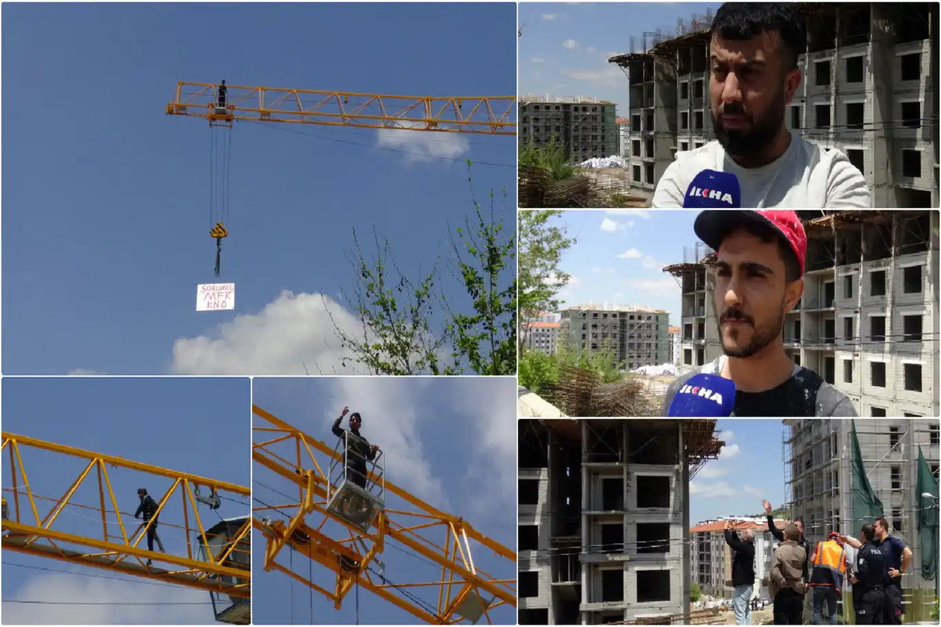 Ücretlerini alamayan işçilerden vinçli protesto Ücretlerini alamayan işçilerden vinçli protesto