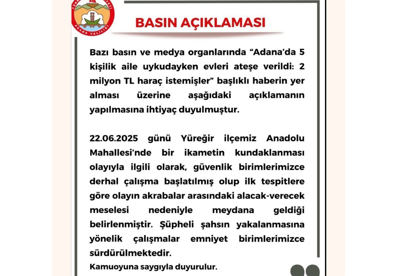 Adana’da kundaklama iddiasına dair valilikten açıklama Adana’da kundaklama iddiasına dair valilikten açıklama