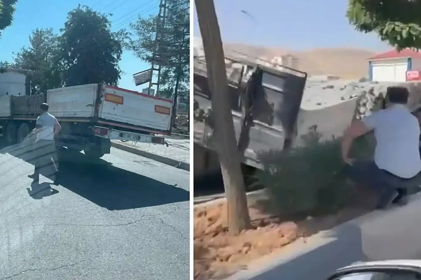 Dorsesi çöken tır yolu kapattı, tonlarca parke yere savruldu Dorsesi çöken tır yolu kapattı, tonlarca parke yere savruldu