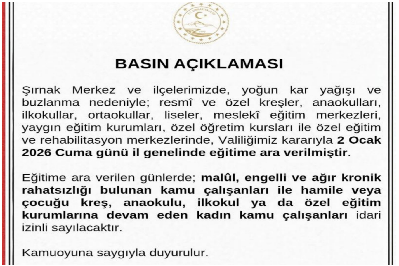 Şırnak’ta cuma gününe kar tatili