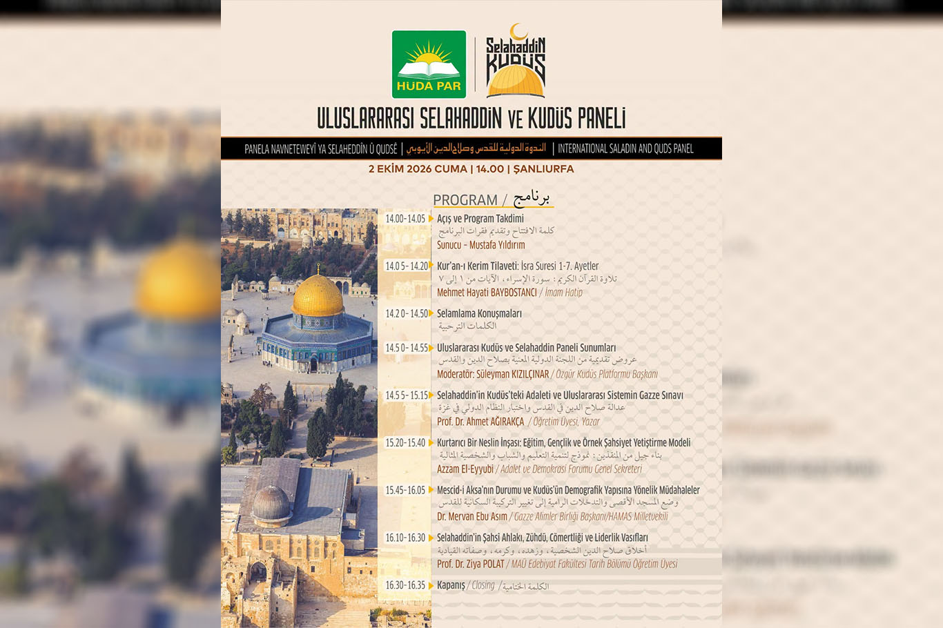 Şanlıurfa'da "Uluslararası Selahaddin ve Kudüs Paneli" yarın düzenlenecek