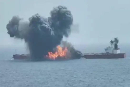 Super tanker catches fire after striking two mines in Strait of Hormuz