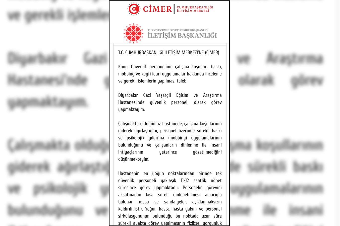 Diyarbakır'da hastane güvenliğinden CİMER'e "mobbing" şikâyeti