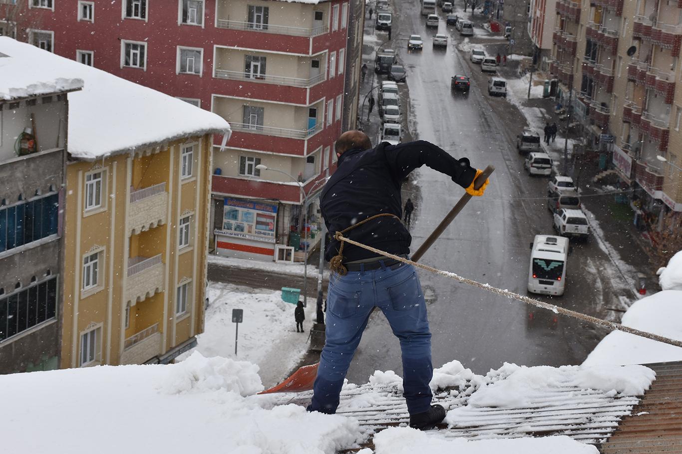 Ekmeklerini çatıdan temizledikleri kardan çıkarıyorlar