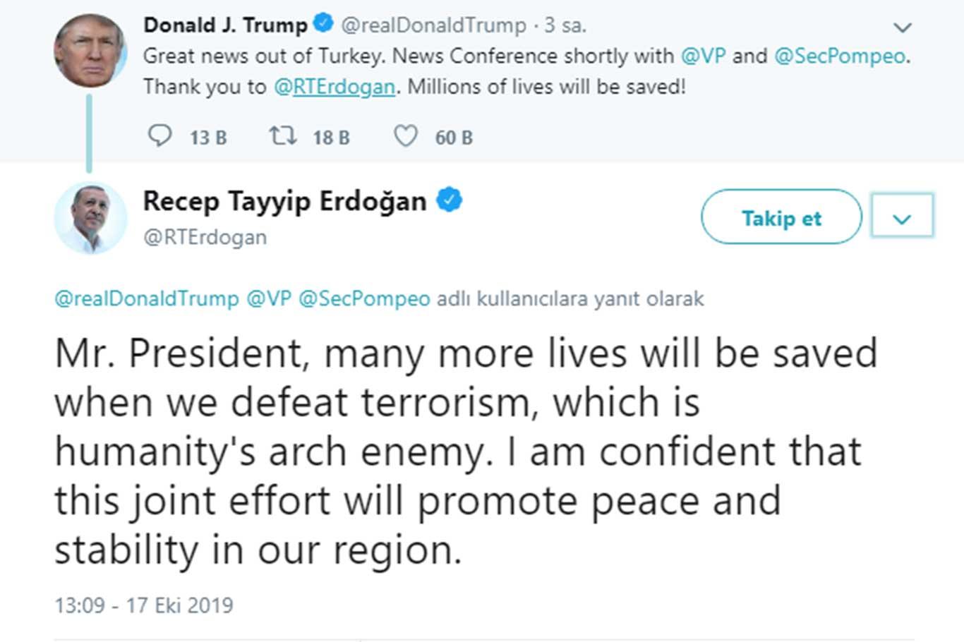 Cumhurbaşkanı Erdoğan'dan Trump'a yanıt